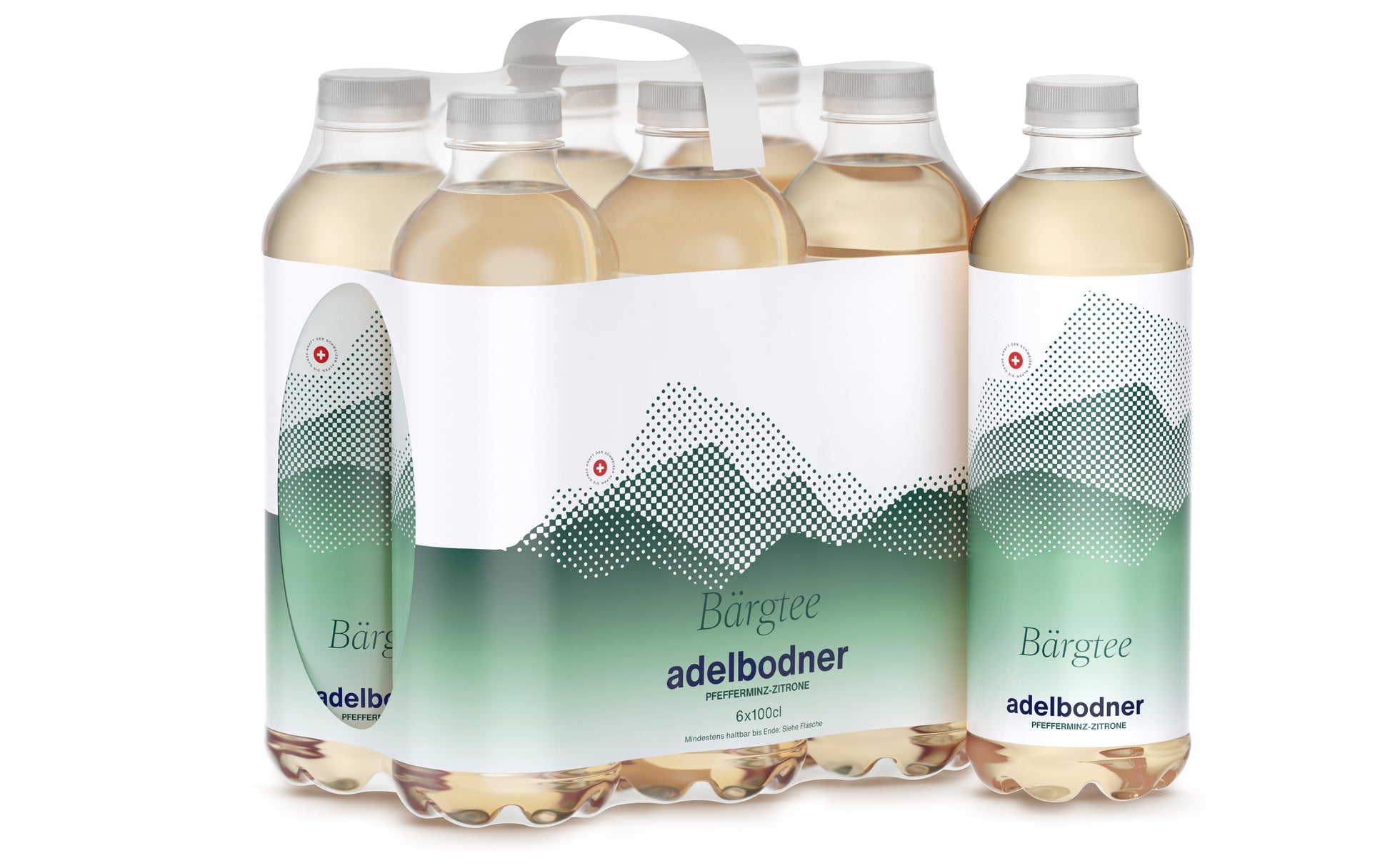 6pack 1000ml adelbodner Bärgtee Pfefferminze-Zitrone vor weissem Hintergrund. Mit Kräuter aus dem Berner Oberland. 