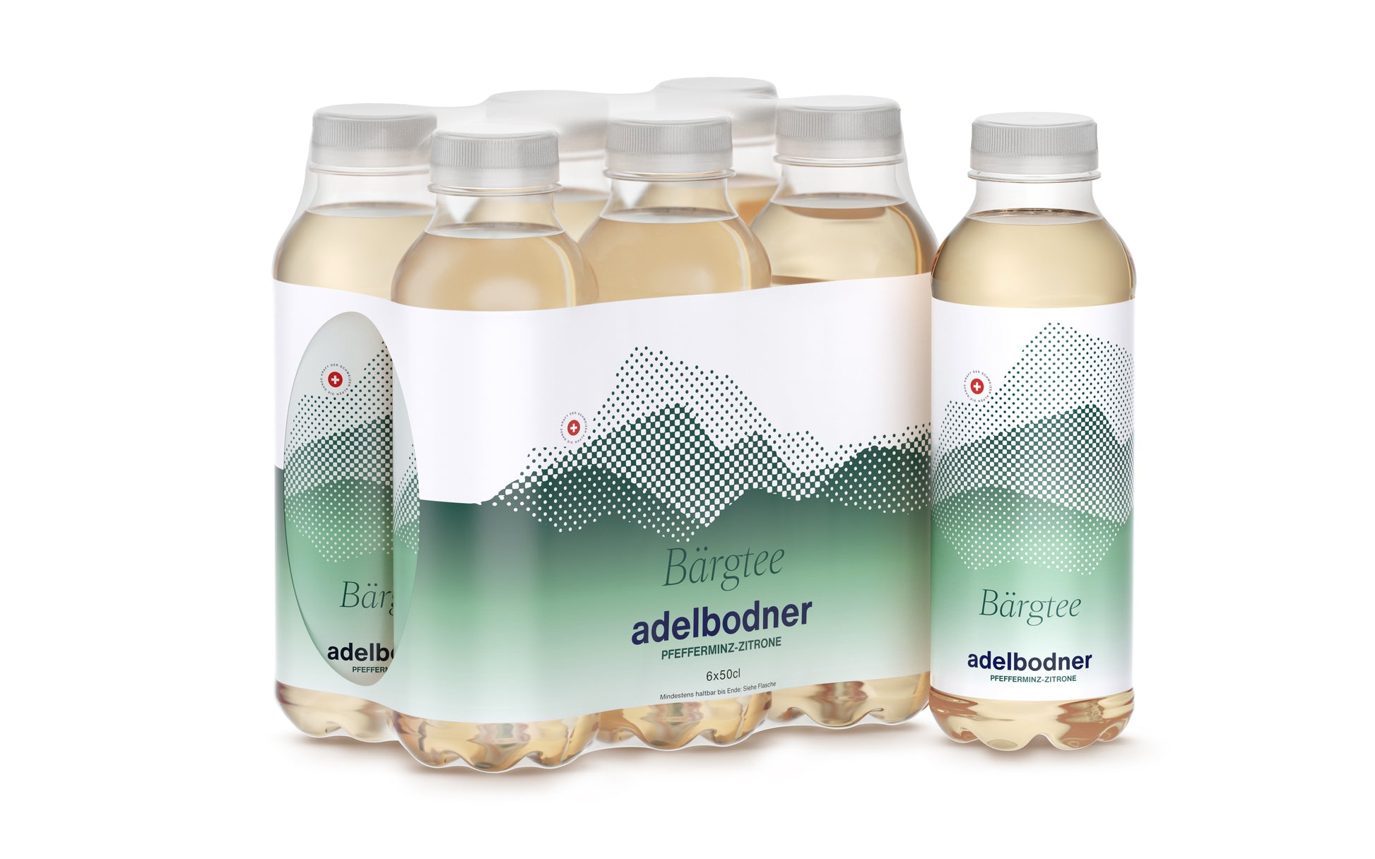 6pack 500ml adelbodner Bärgtee Pfefferminze-Zitrone vor weissem Hintergrund. Mit Kräuter aus dem Berner Oberland. 