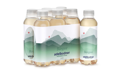 6pack 500ml adelbodner Bärgtee Pfefferminze-Zitrone vor weissem Hintergrund. Mit Kräuter aus dem Berner Oberland. 
